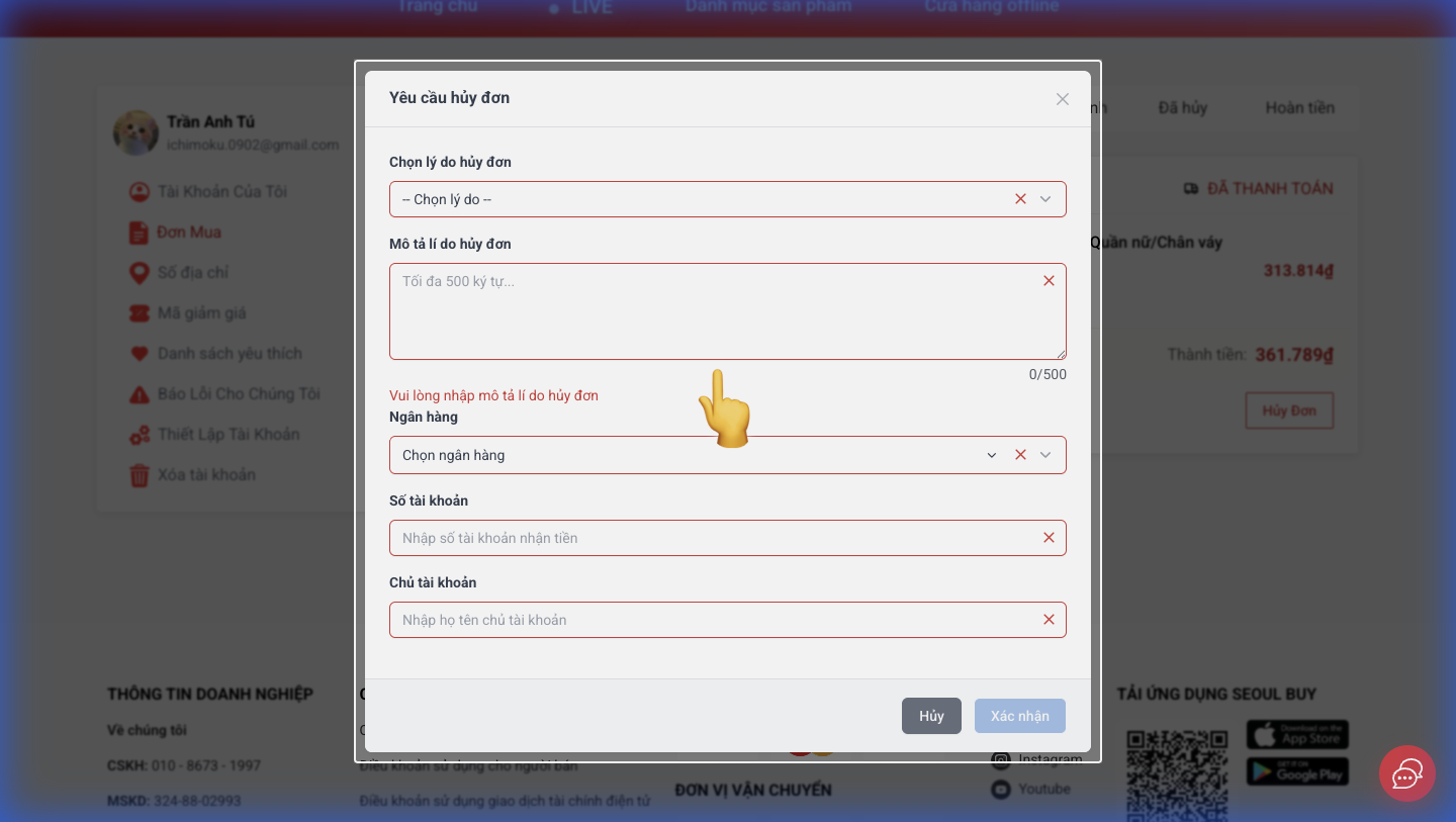 Bước 2: Chọn lý do hủy