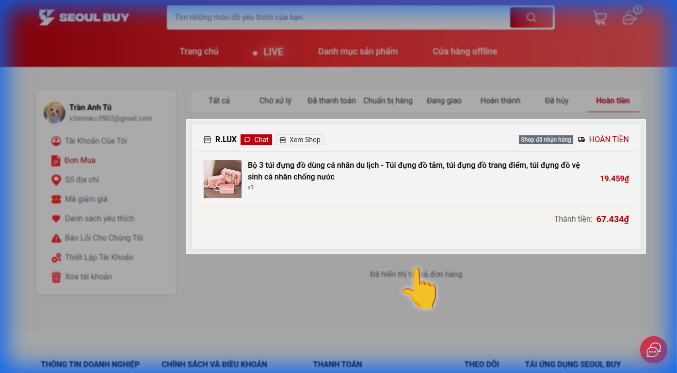 Bước 3: Kiểm tra trạng thái hoàn tiền