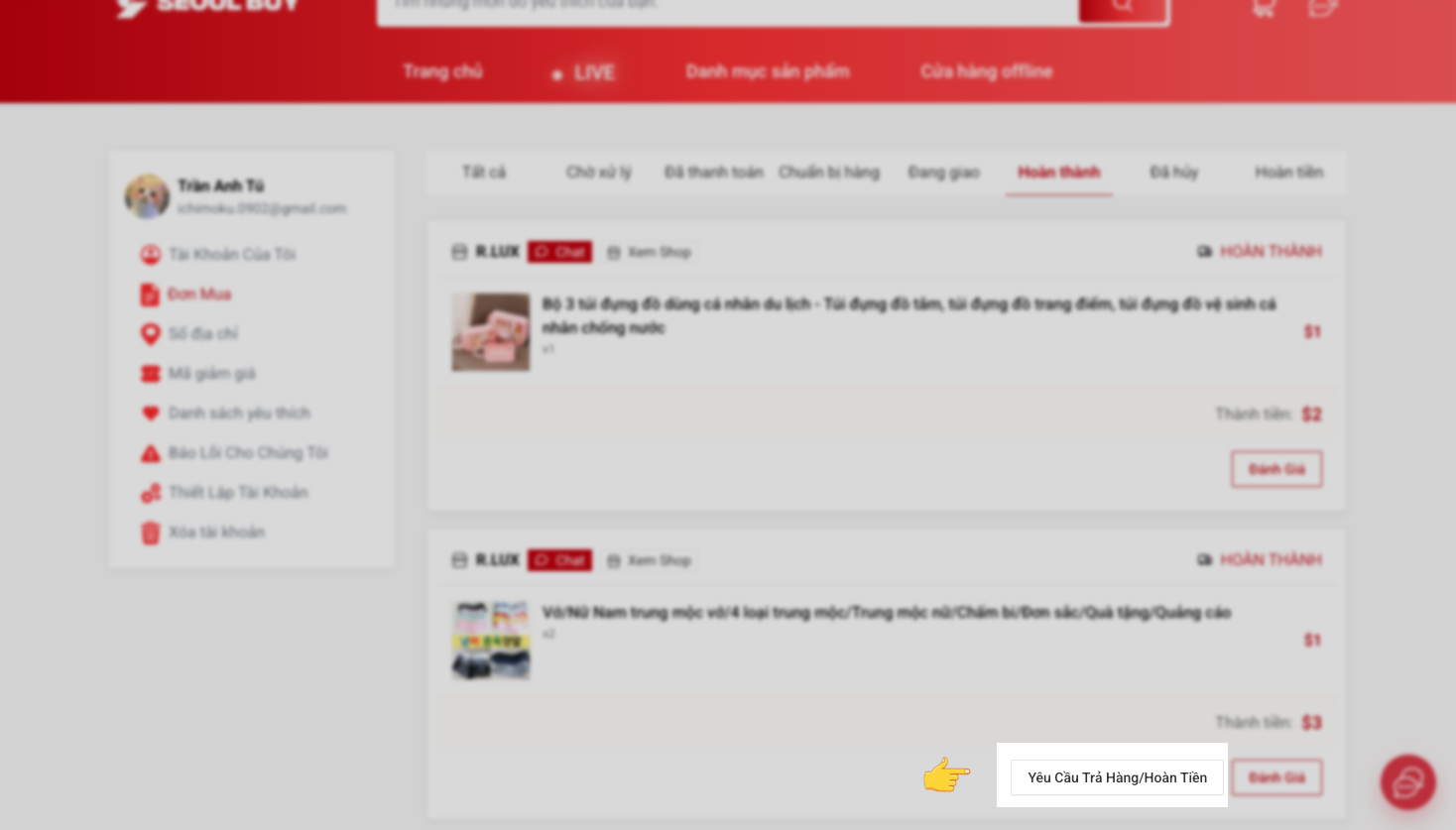 Nút yêu cầu trả hàng/hoàn tiền - Target vào button