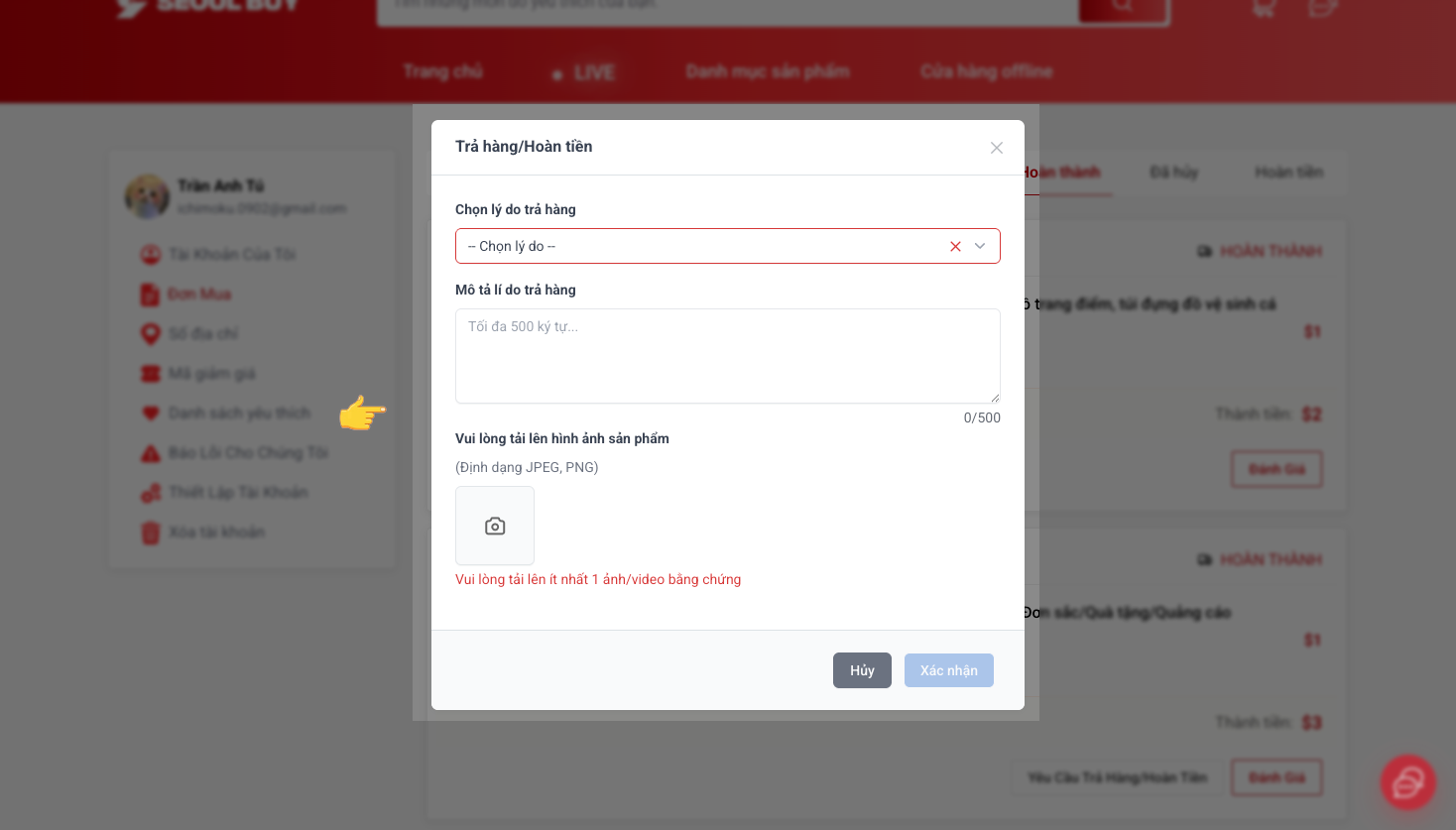 Form yêu cầu trả hàng/hoàn tiền - Chọn lý do, mô tả, upload ảnh