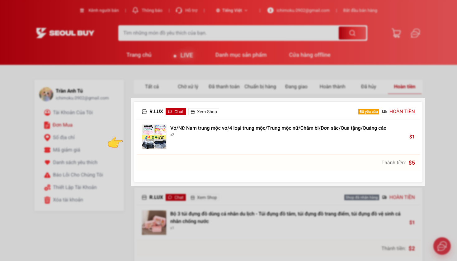 Đơn hàng sau khi đã yêu cầu hoàn tiền - Trạng thái đã yêu cầu