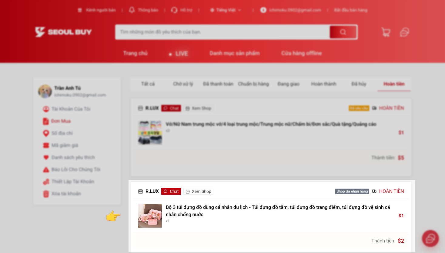 Đơn hàng sau khi đã hoàn tiền thành công